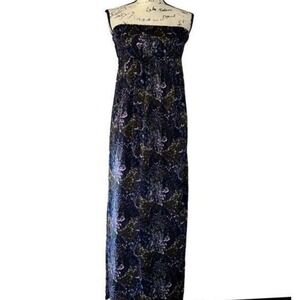 Genady Strapless Smocked Maxi Dress Purple Blue Floral Paisley Boho Summer Large